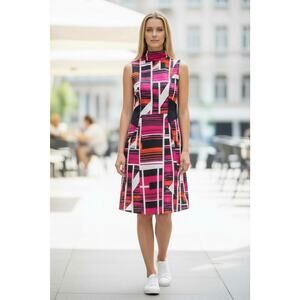 Karen Millen Size 8 Short Mini Dress Sleeveless High Neck Pockets Cotton Blend